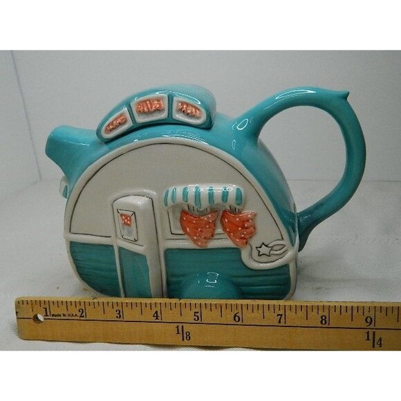 Blue Sky Retro Camper Teapot by Heather Goldmine Teal Camper Trailer 6"H Ceramic - Picture 14 of 14